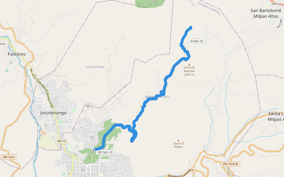 Plaza del Apostol Santiago - Cerro El Narizón walking route map in Antigua Guatemala