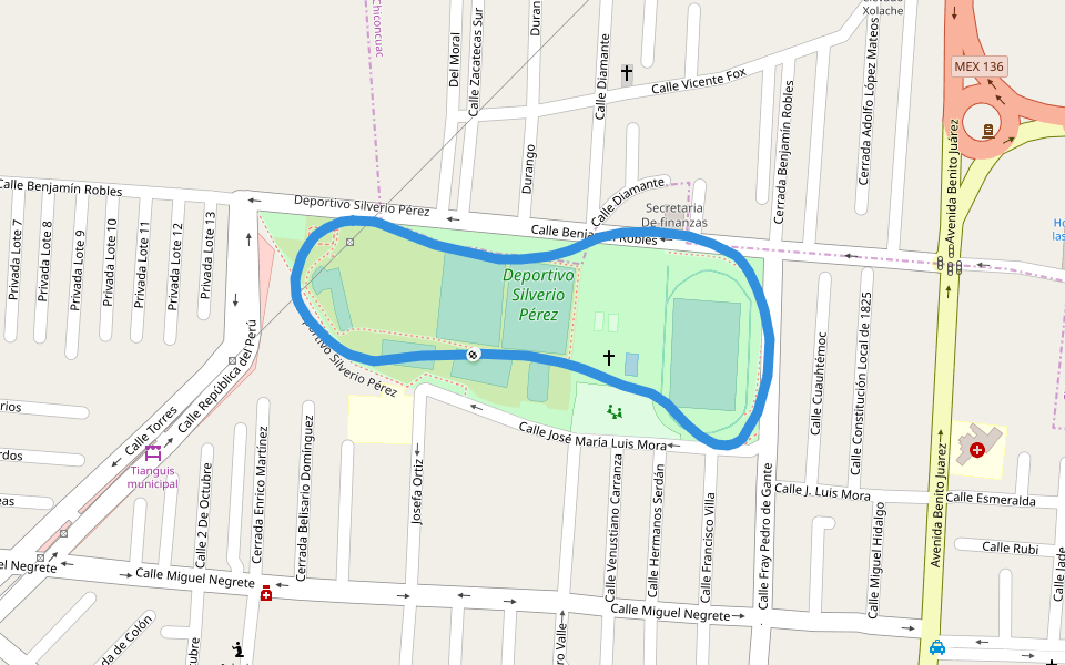 Deportivo Silverio Pérez walking route map in Texcoco de Mora