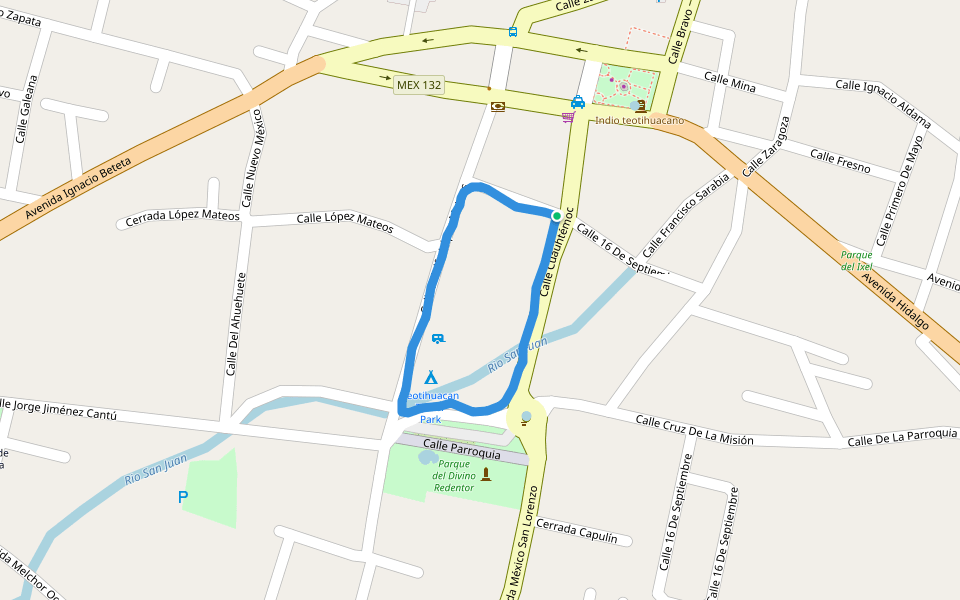 Parque del Divino Redentor walking route map in Teotihuacán de Arista