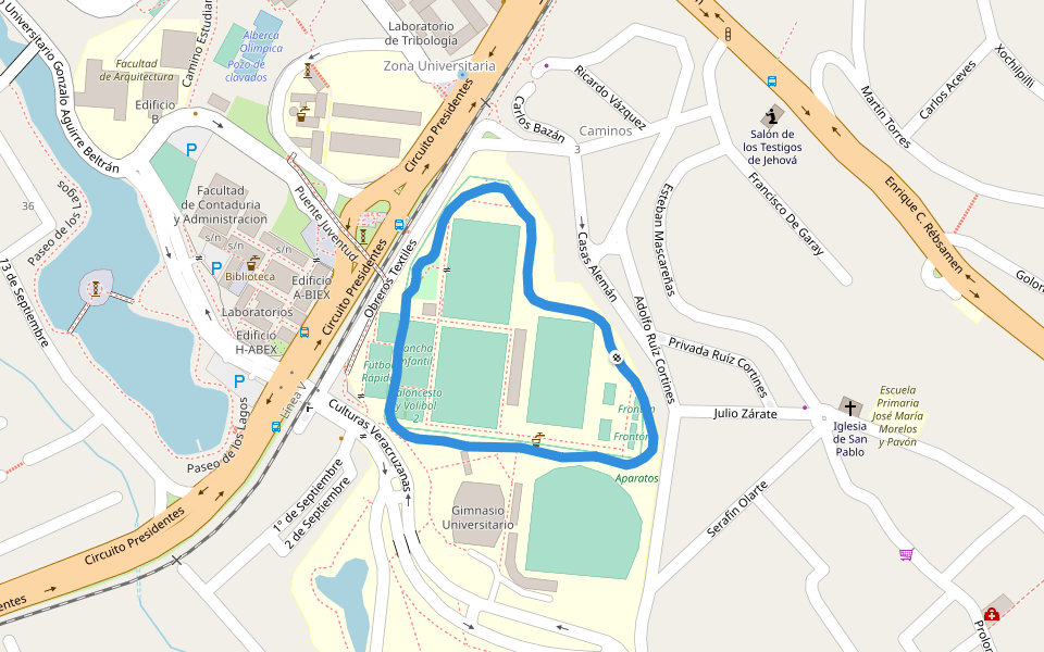 Campus para la Cultura, las Artes y el Deporte walking route map in Xalapa-Enríquez