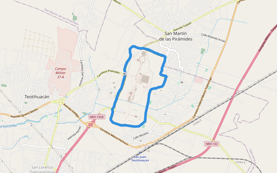 Zona de Monumentos Arqueologicos de Teotihuacan walking route map in Teotihuacán de Arista