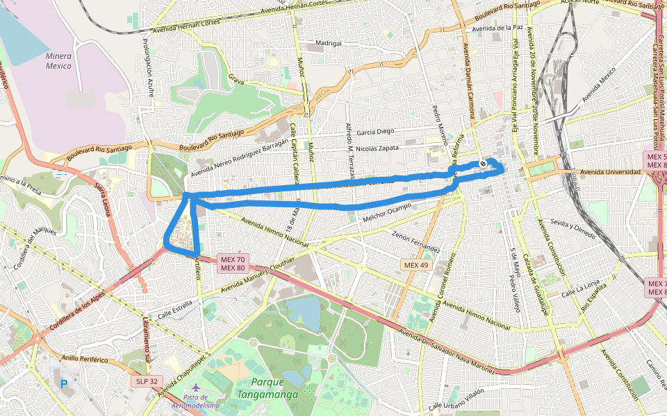 Universidad Autónoma de San Luis Potosí walking route map in San Luis Potosí