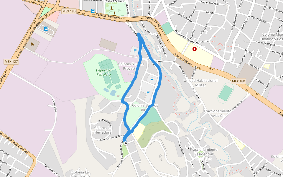 Deportivo Petrolero walking route map in Poza Rica de Hidalgo