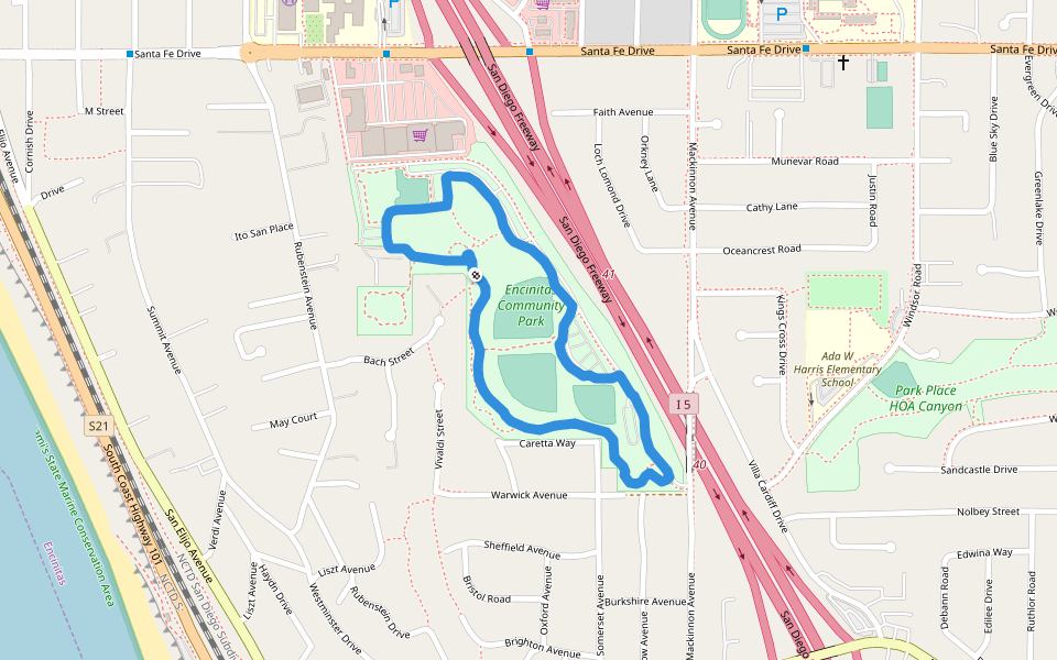 Encinitas Community Park walking route map in Encinitas