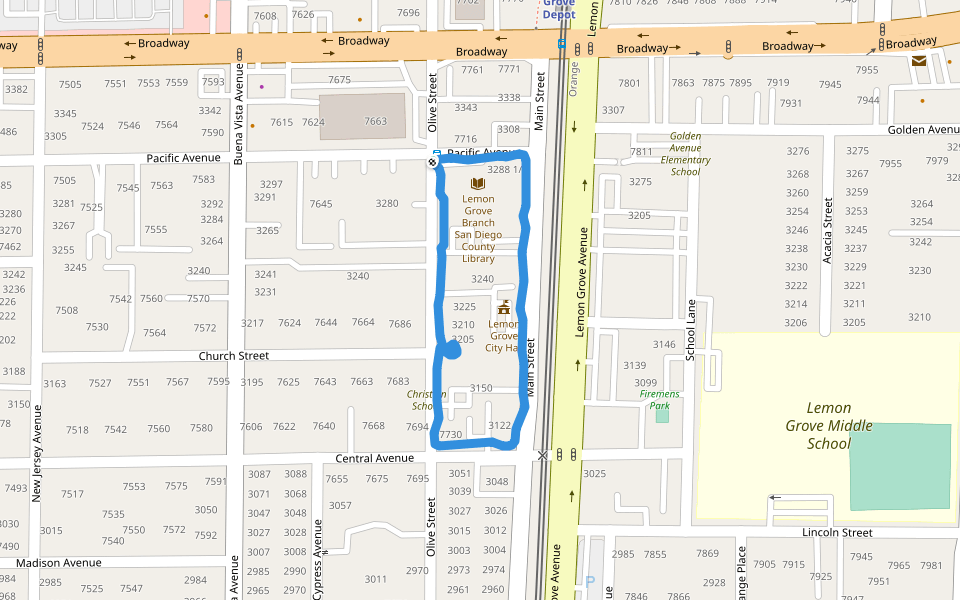 Lemon Grove City Hall walking route map in Lemon Grove