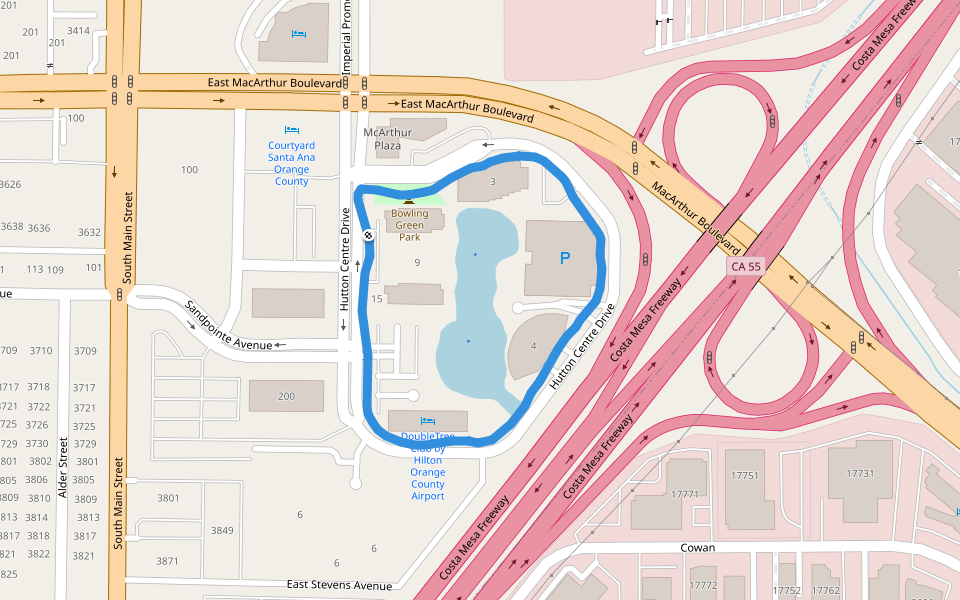 DoubleTree Club by Hilton Orange County Airport walking route map in Santa Ana