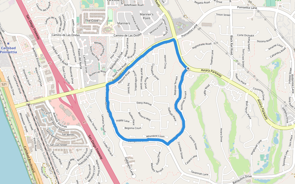 Pointsettia Lane walking route map in Carlsbad