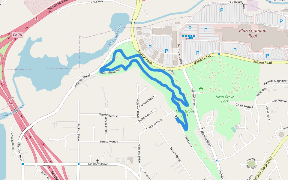 Hosp Grove Park walking route map in Carlsbad