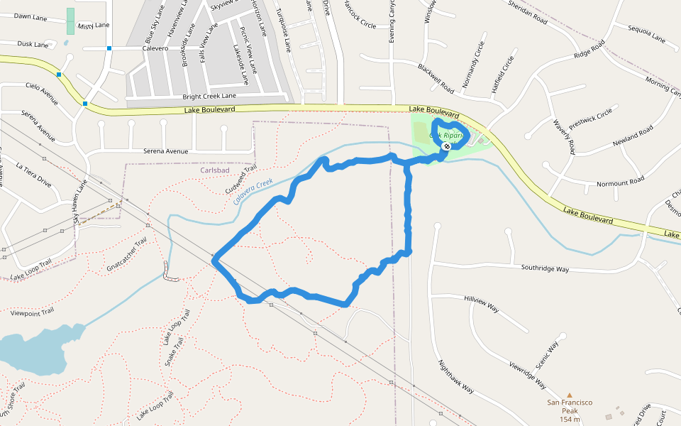 Oak Riparian Park walking route map in Oceanside