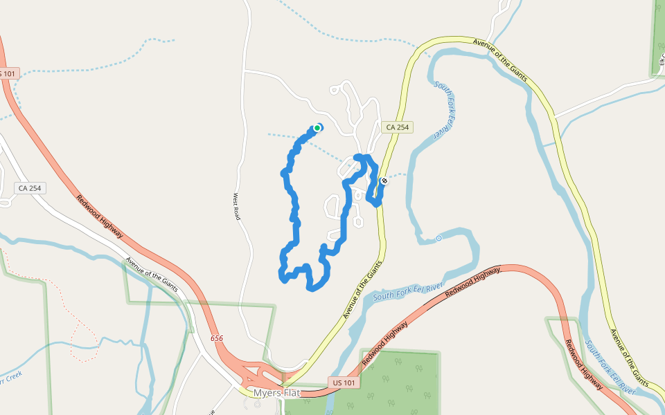 Hidden Springs Trail walking route map in Myers Flat
