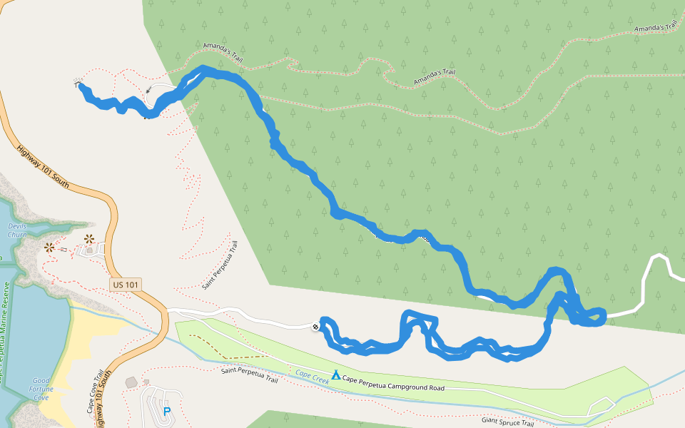 Siuslaw National Forest - Cape Petua Lookout Road walking route map in Yachats