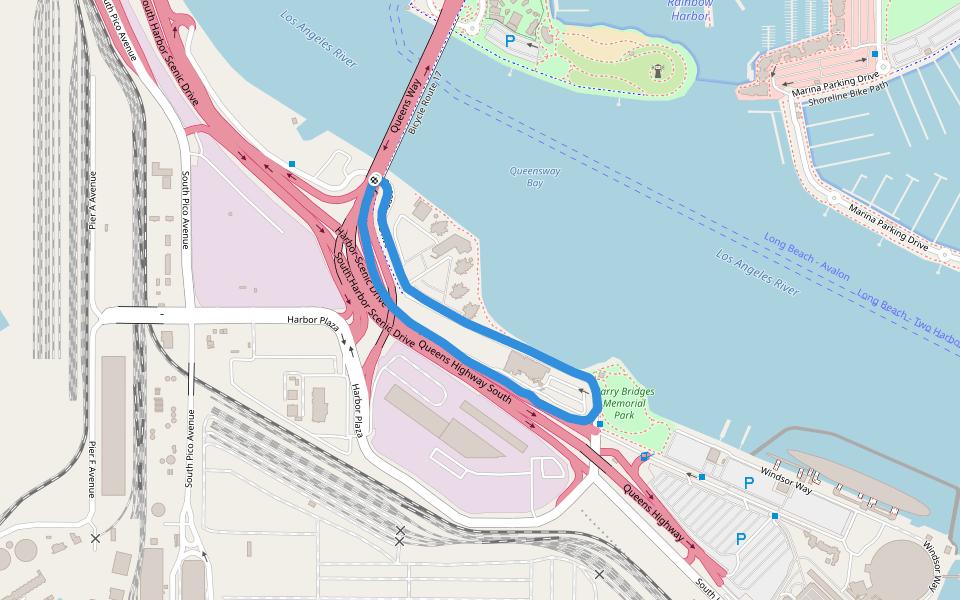 Harry Bridges Memorial Park walking route map in Long Beach