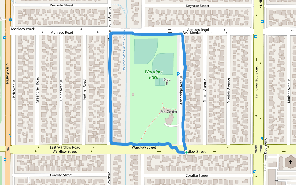 Wardlow Park walking route map in Long Beach