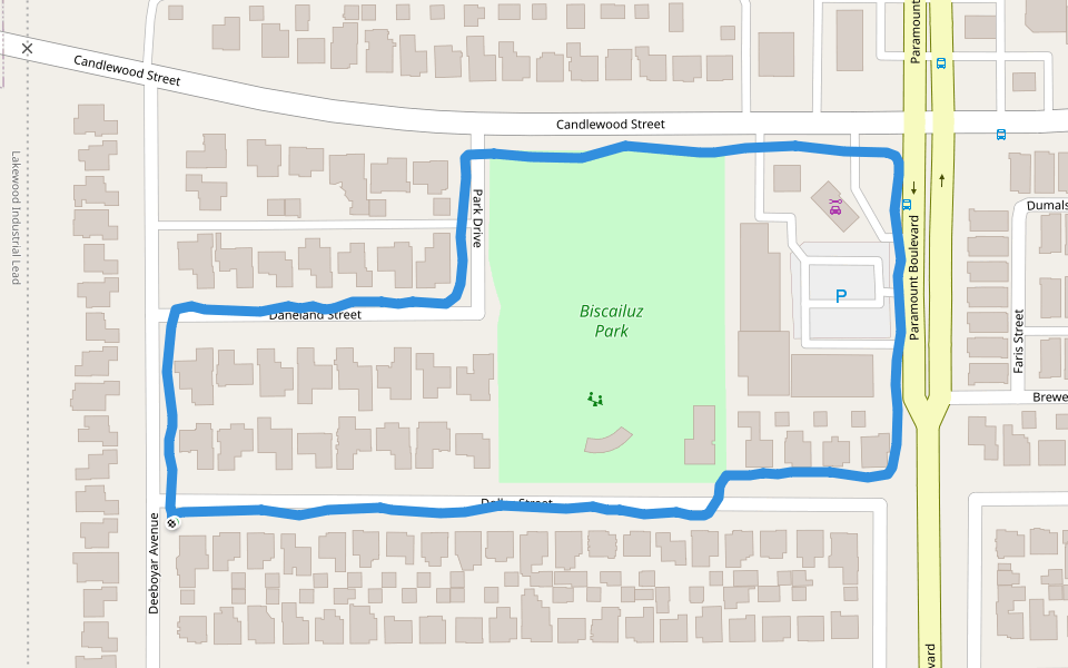 Biscailuz Park walking route map in Lakewood