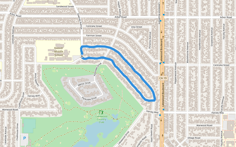 Hoover Middle School walking route map in Lakewood