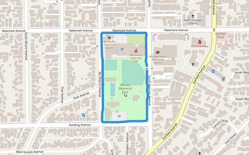 Barnes Memorial Park walking route map in Monterey Park