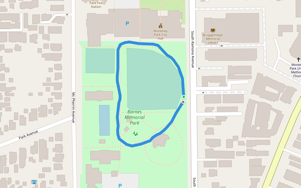 Barnes Memorial Park walking route map in Monterey Park
