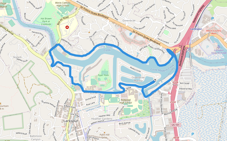Corte Madera Creek walking route map in Larkspur