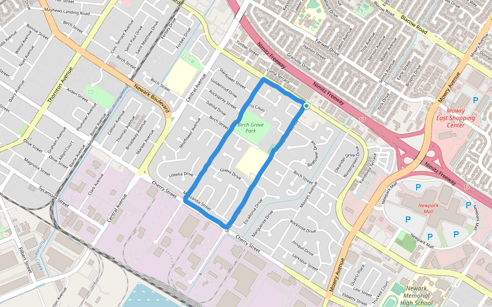 Birch Grove Park walking route map in Newark