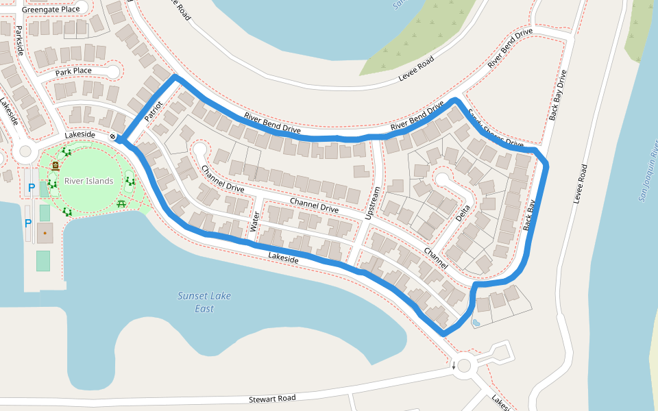 Sunset Lake East walking route map in Lathrop