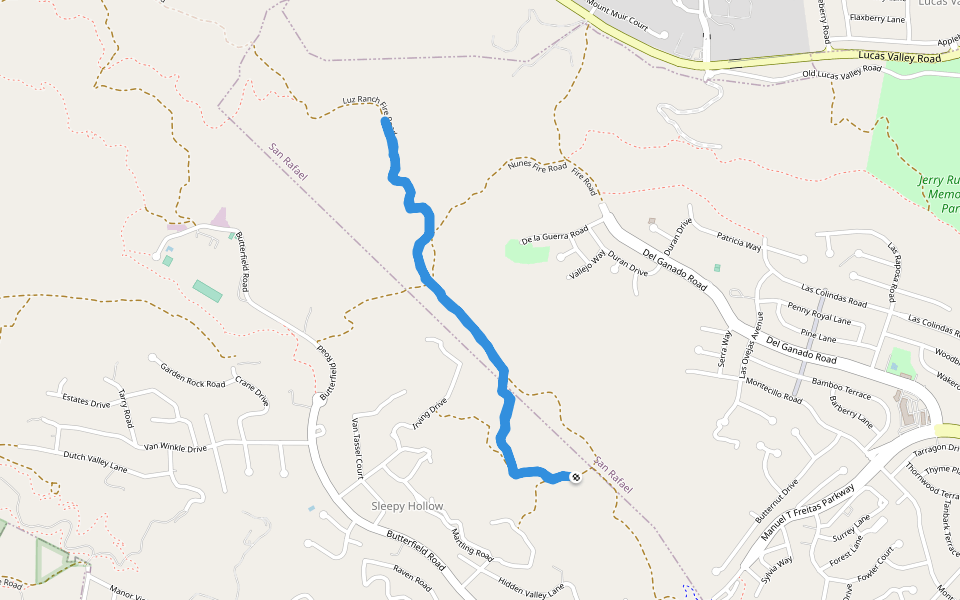 Nunes Fire Road walking route map in San Anselmo