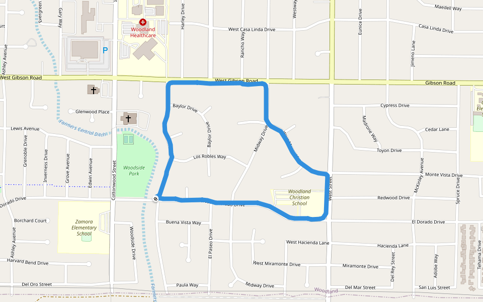West Gibson Road walking route map in Woodland