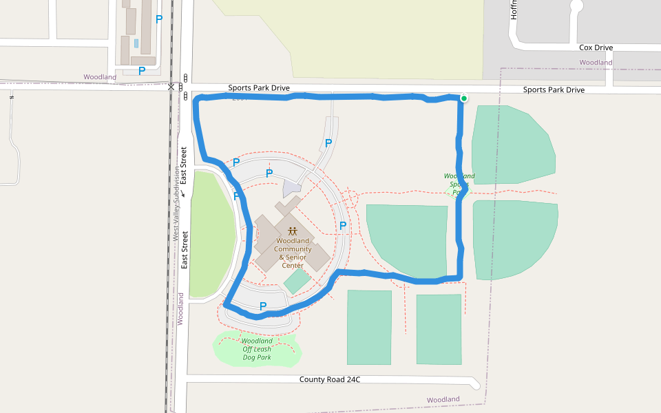 Woodland Off Leash Dog Park walking route map in Woodland