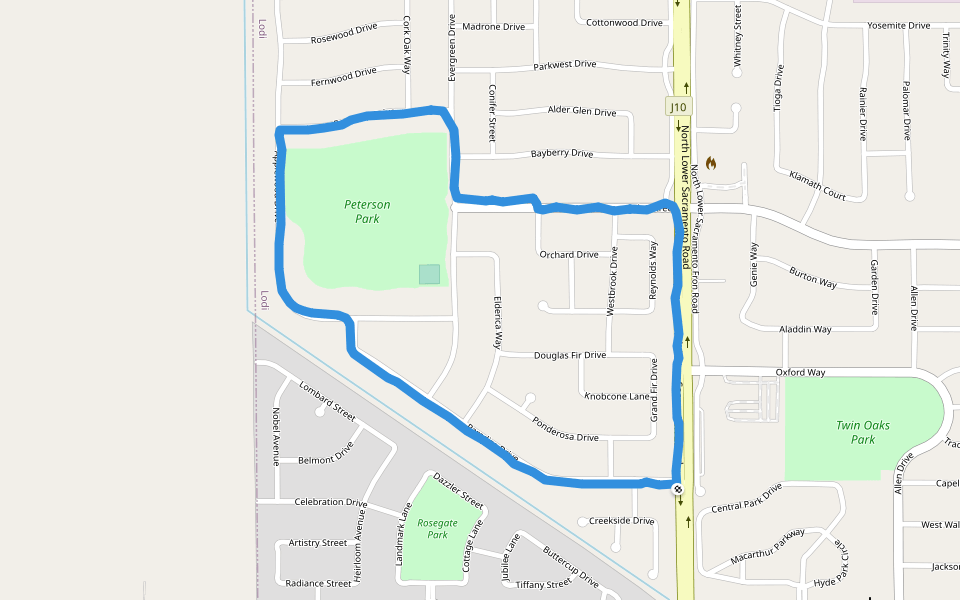 Peterson Park walking route map in Lodi