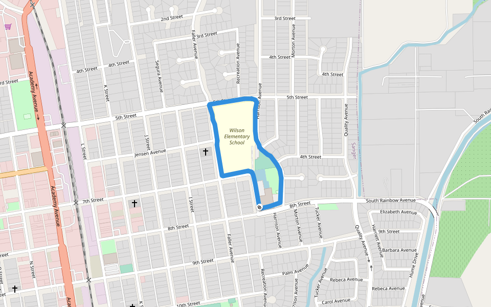 Sanger Skate Park walking route map in Sanger