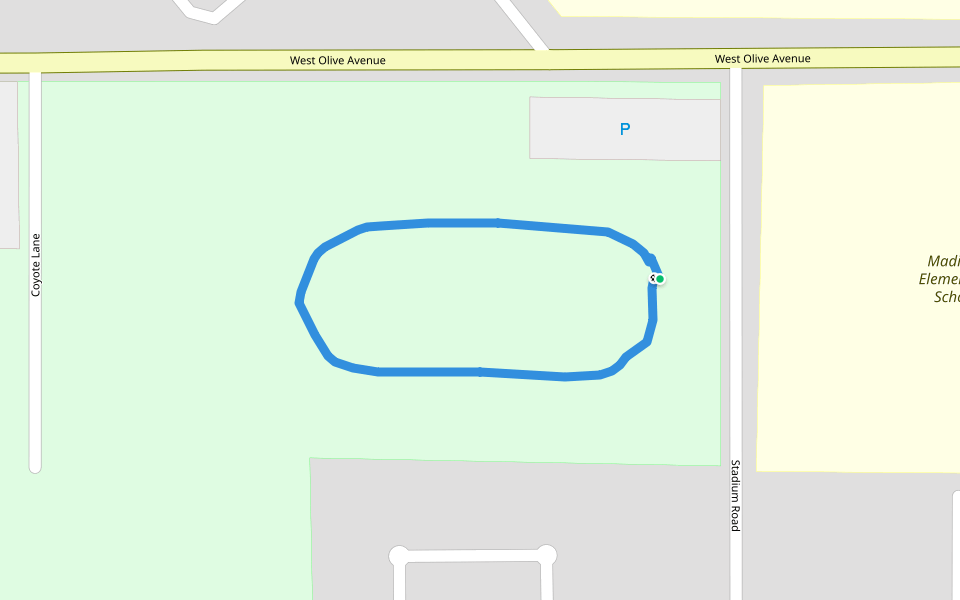 Coyote School Athletic Park and Stadium walking route map in Madera