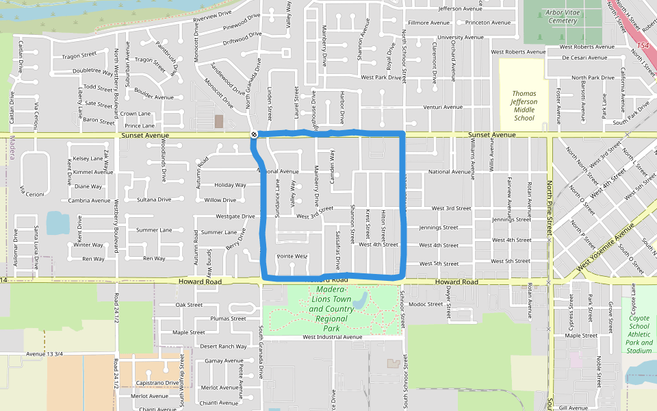 Howard Road walking route map in Madera