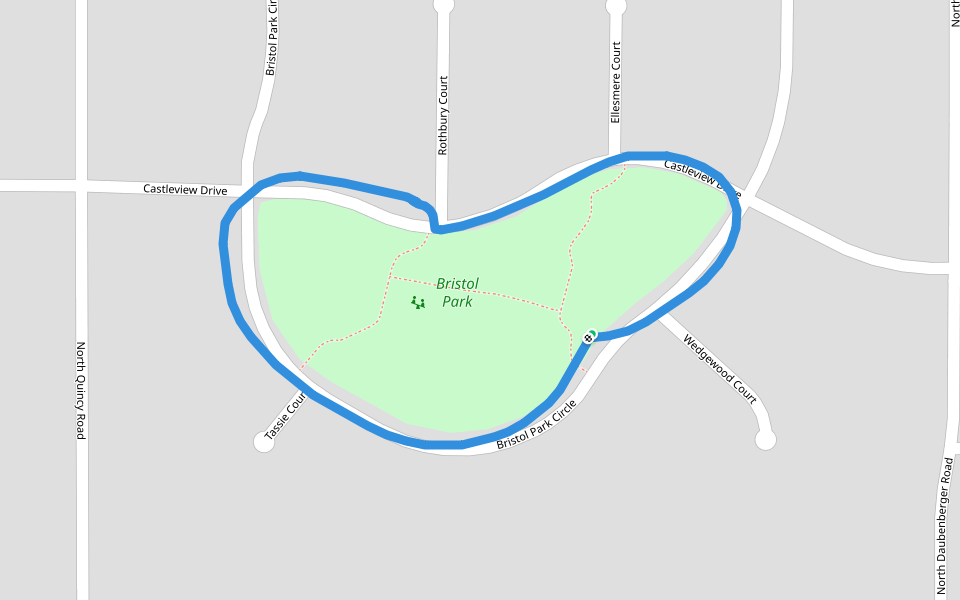 Bristol Park walking route map in Turlock
