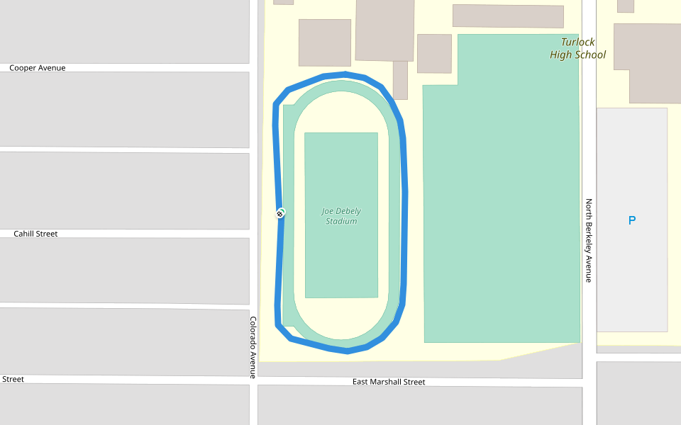 Joe Debely Stadium walking route map in Turlock