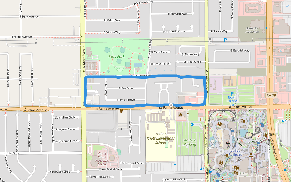 Peak Park walking route map in Buena Park