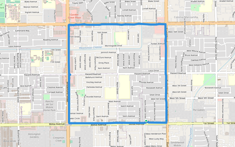 Bolsa Ave walking route map in Santa Ana