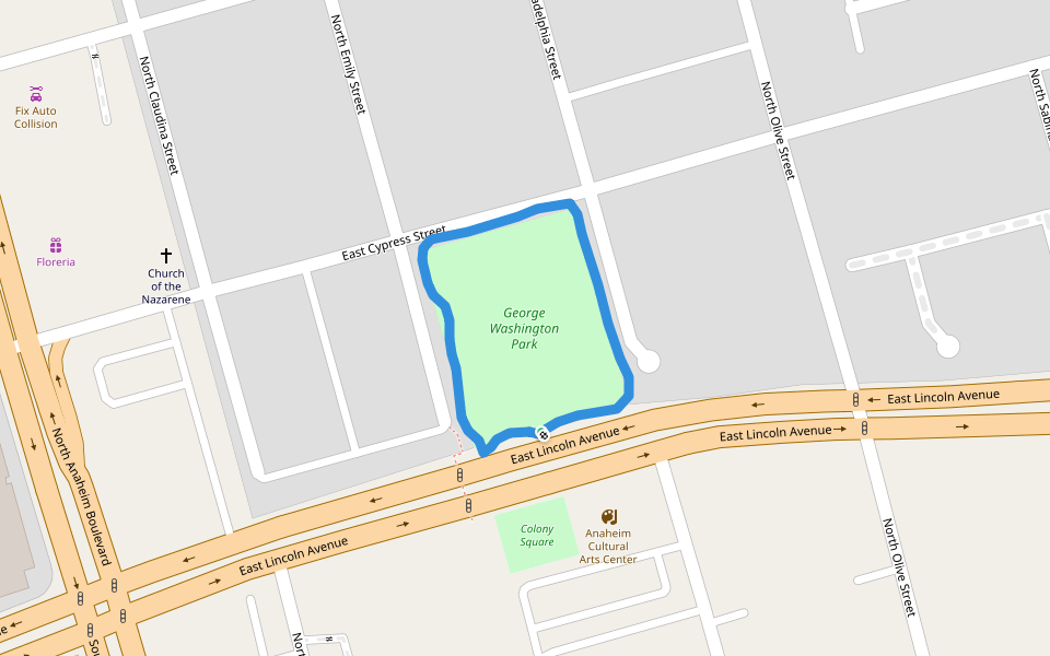 George Washington Park walking route map in Anaheim