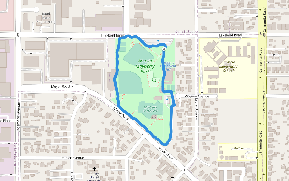Amelia Mayberry Park 13201 Meyer Rd, Whittier, CA 90605 walking route map in Whittier