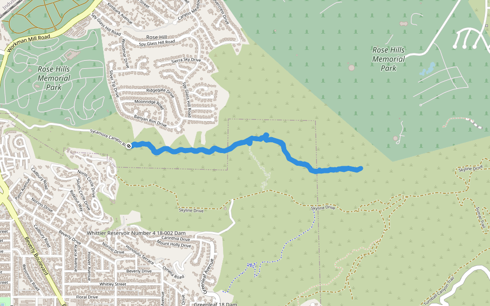 Sycamore Canyon Road walking route map in Whittier