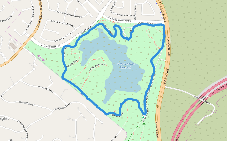 Peters Canyon Regional Park walking route map in Santa Ana