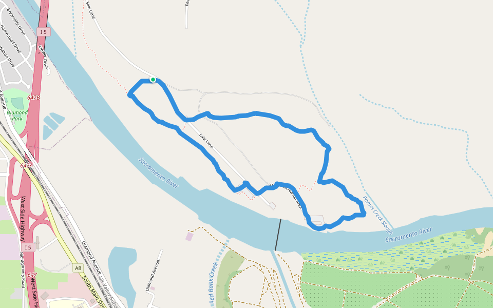 Red Bluff Diverson Dam Recreation Area walking route map in Red Bluff