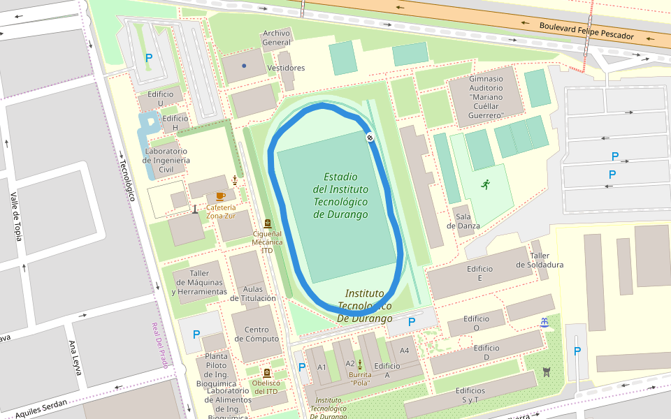 Estadio del Instituto Tecnológico de Durango walking route map in Durango