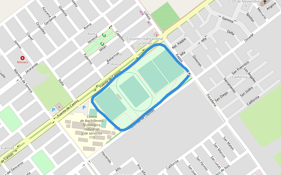 Centro de Bachillerato Tecnológico, industrial y de servicios 110 walking route map in Durango