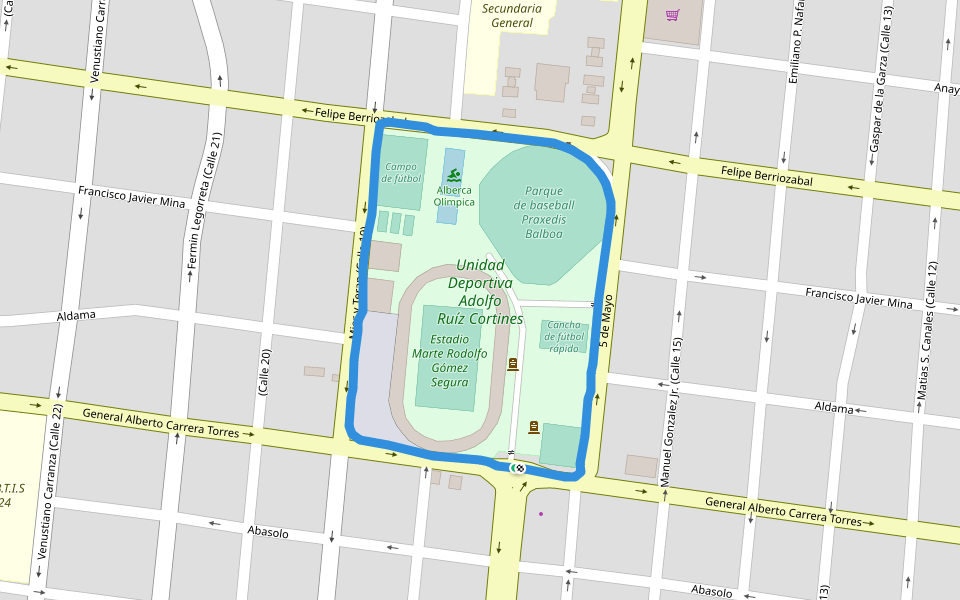 Unidad Deportiva Adolfo Ruíz Cortines walking route map in Ciudad Victoria