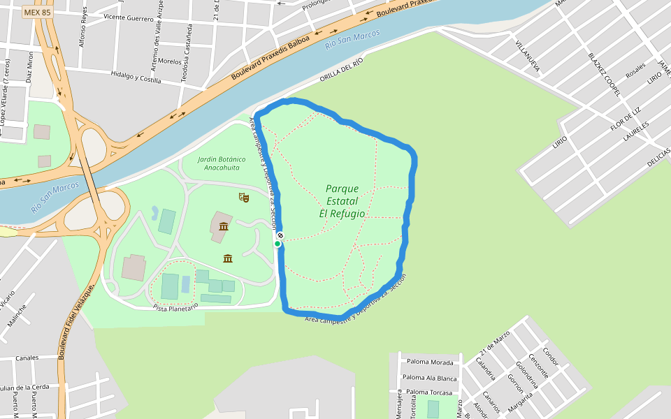 Parque Estatal El Refugio walking route map in Ciudad Victoria