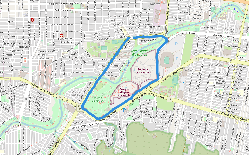 Parque La Pastora walking route map in Guadalupe