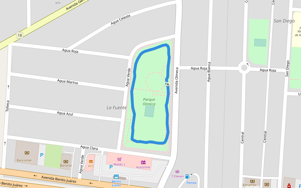 Parque Olmeca walking route map in Guadalupe