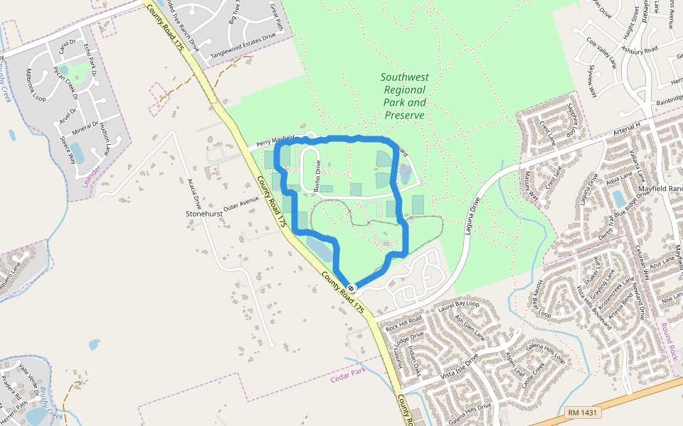 Southwest Regional Park and Preserve walking route map in Round Rock