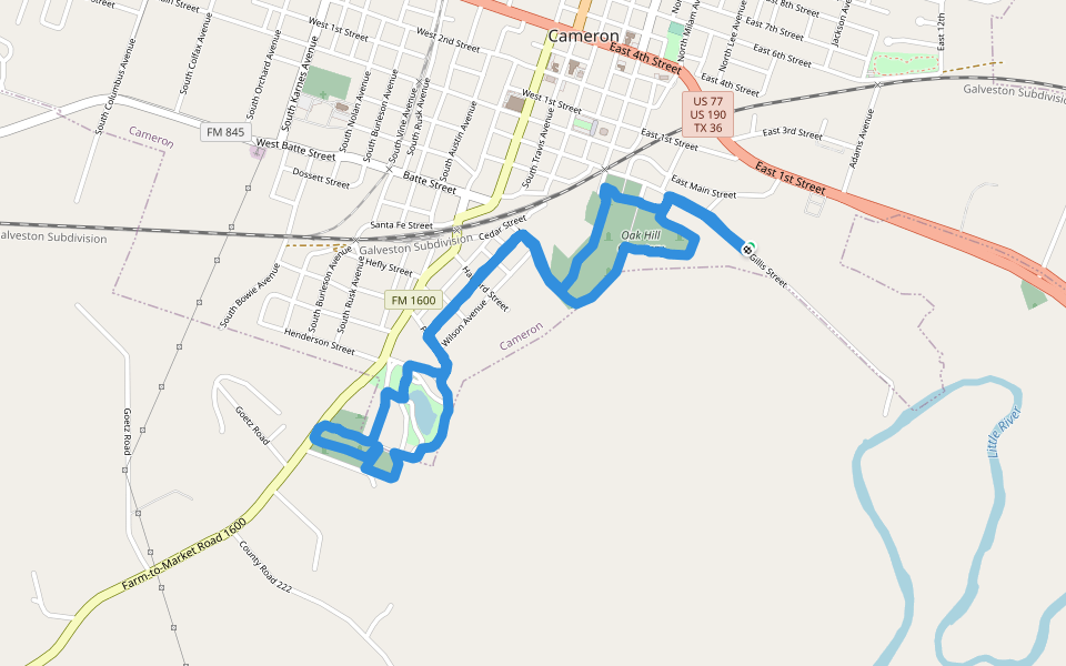 Cameron cemeteries and park walking route map in Cameron