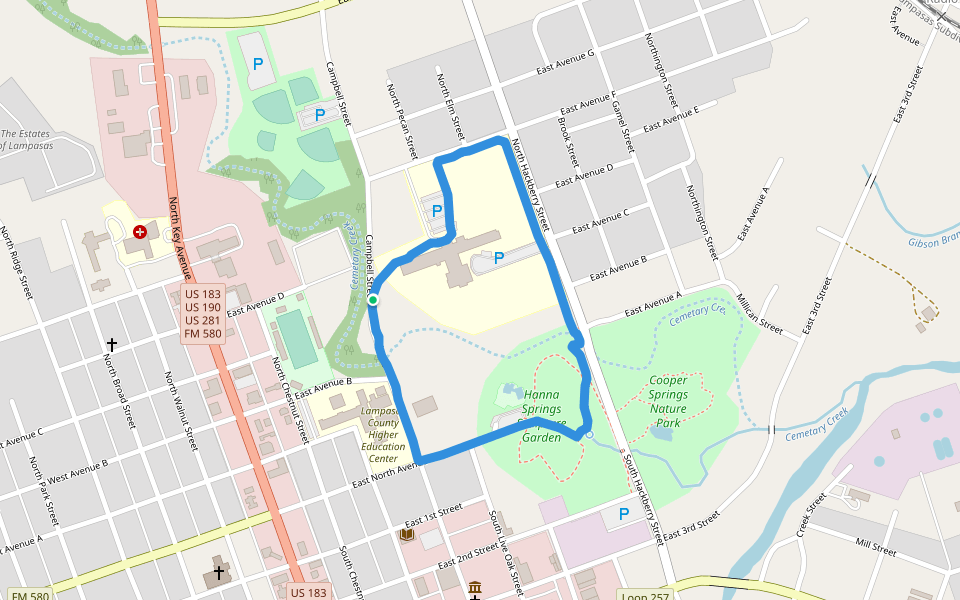 Hanna Springs Sculpture Garden walking route map in Lampasas