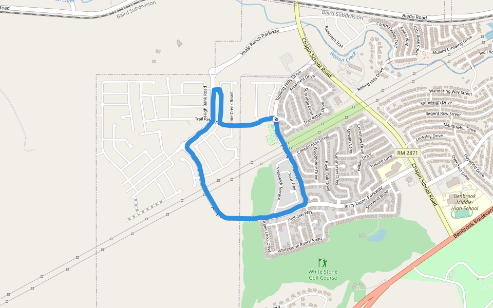 Rolling Hills Park walking route map in Benbrook